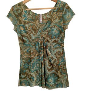 Vintage Y2K Lucy + Fiona Shirt Women Medium Babydoll Cap Sleeve Paisely Floral